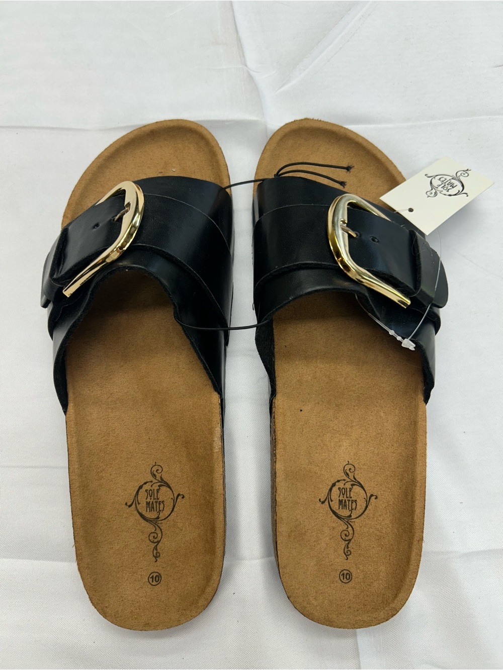 Sole Mates Black Slide Sandals with Gold Buckle